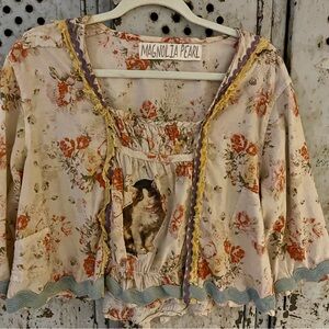 Magnolia Pearl Floral Dog Print Blouse - Cream, Orange, Green